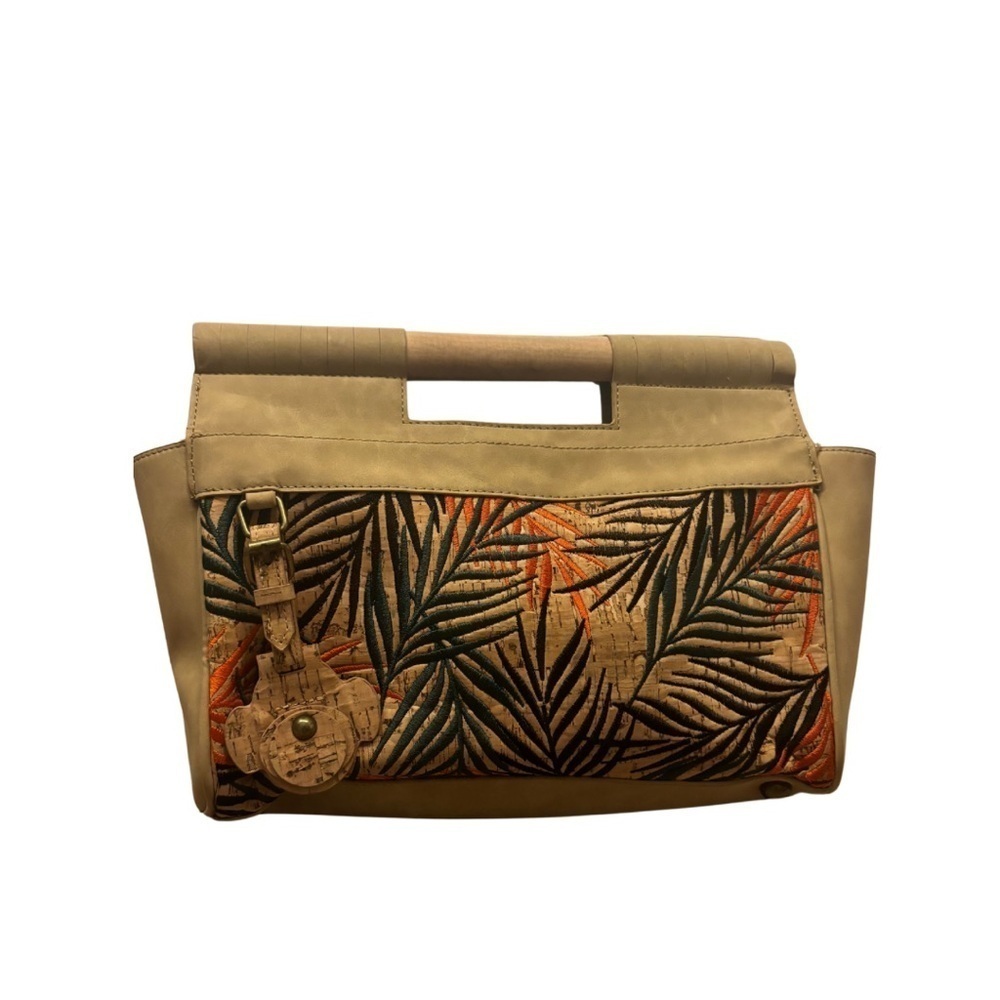 Naughty Monkey Tropical Cork Purse|Wood Handle Embroidered Palm LeavesHandbag